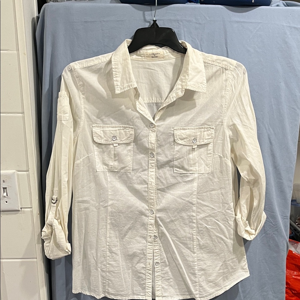 White Button-Up Shirt size XL roll up sleeves front pockets